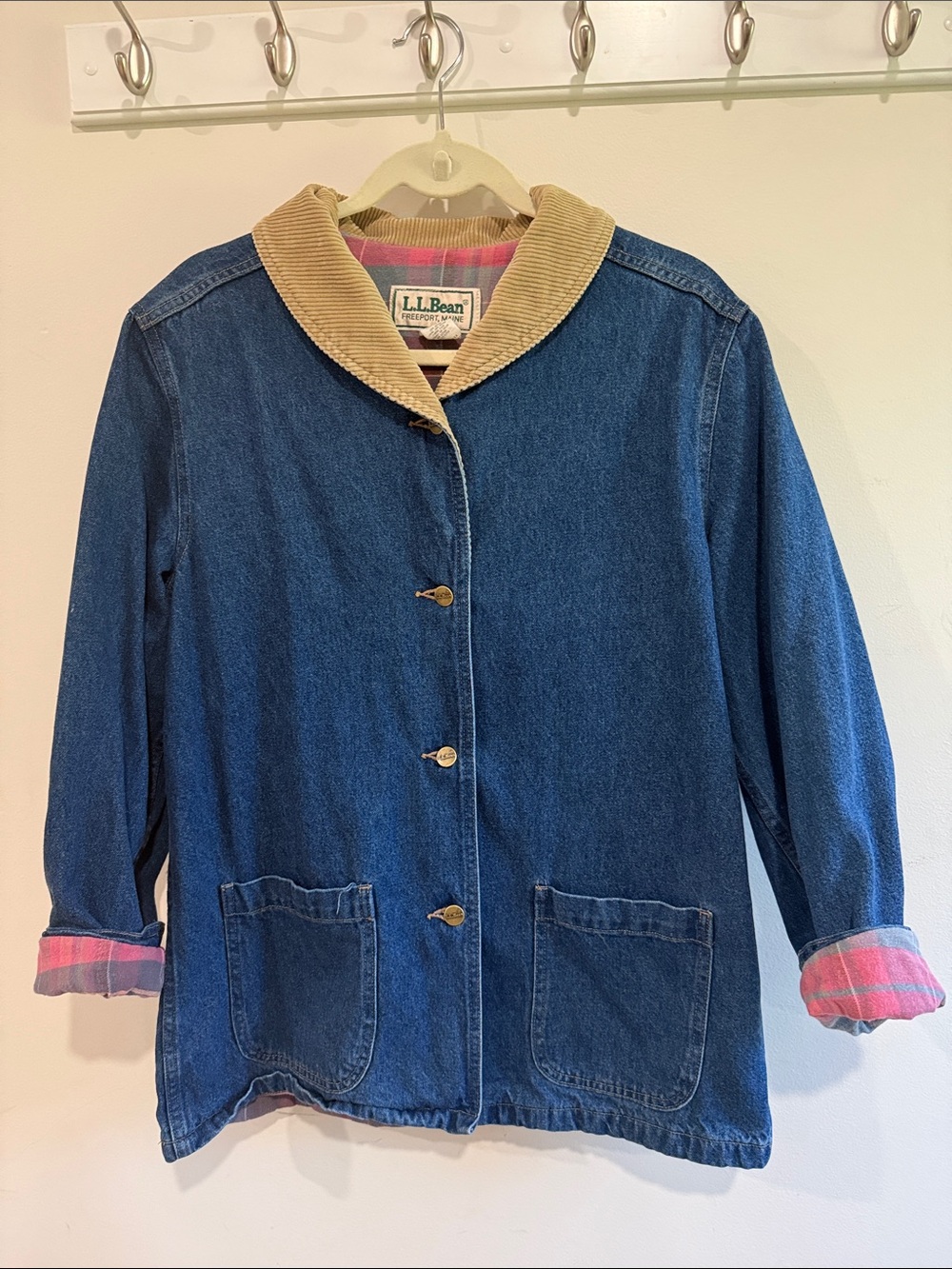 L.L. Bean Blue Denim Jacket with Tan Corduroy Collar and Pink Plaid Lining - Picture 4 of 10